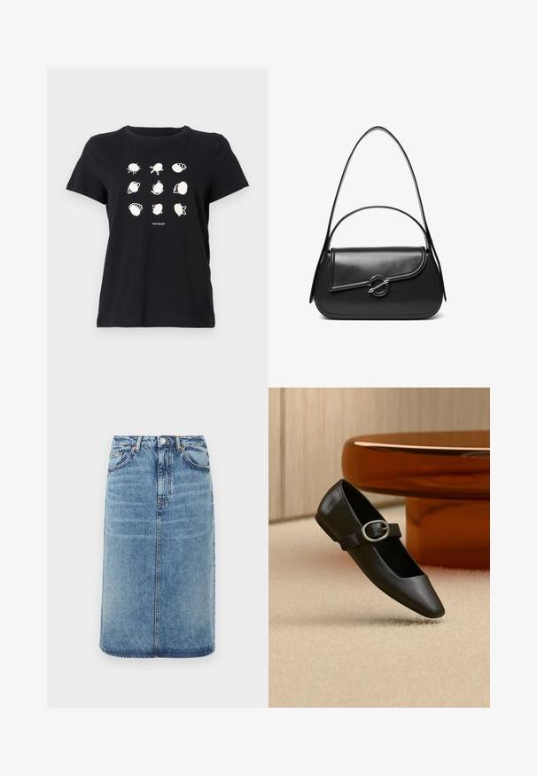 T-shirt en coton noir avec des illustrations imprimées de coquillages et de créatures marines en blanc disposées en grille, avec un col rond et des manches courtes.; Jupe en denim bleu clair. Présente une silhouette droite, cinq poches et une fermeture à boutons avec passants de ceinture. Accents de texture usée.; Chaussure plate Mary Jane en cuir noir avec boucle argentée, exposée sur un tapis beige près d'un pied de table rond marron.; Sac à bandoulière en cuir noir avec un rabat incurvé fermé par un fermoir métallique rond et une sangle fine et ajustable.
