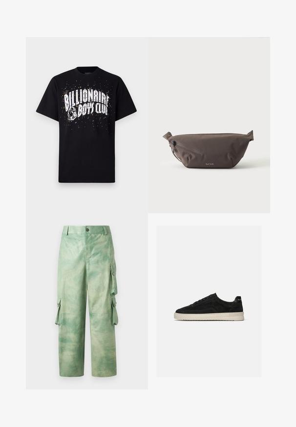 Čierne bavlnené tričko s bielym grafickým textom "BILLIONAIRE BOYS CLUB" a farebnými škvrnami a dizajnom astronauta.; Les Benjamins VINTAGE PANT - Kožené nohavice - army green; Čierna semišová nízka teniska s čiernymi šnúrkami a bielou gumovou podrážkou, bočný pohľad na jednotnom svetlosivom pozadí.; Tmavohnedá látková ľadvinka s diagonálnym zipsovým vreckom a malým bielym logom vpredu, na jednofarebnom svetlom pozadí.