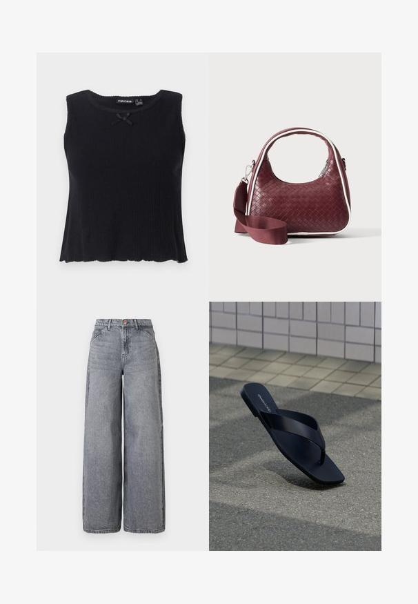 Top de tirantes negro de canalé con escote redondeado, diseño sin mangas y un pequeño lazo negro en la parte delantera. Dobladillo acampanado y material texturizado.; Jeans de denim de pierna ancha en un lavado gris desgastado, con cinco bolsillos, cierre de botón y una textura suave con sutiles detalles de desgaste.; Sandalia negra tipo tanga con punta cuadrada y nombre de la marca en la plantilla, colocada en posición vertical sobre pavimento texturizado cerca de una pared con azulejos.; Bolso de mano de cuero tejido color granate con asa curva, ribete blanco, cremallera plateada y correa desmontable de tela ancha para el hombro sobre fondo liso.