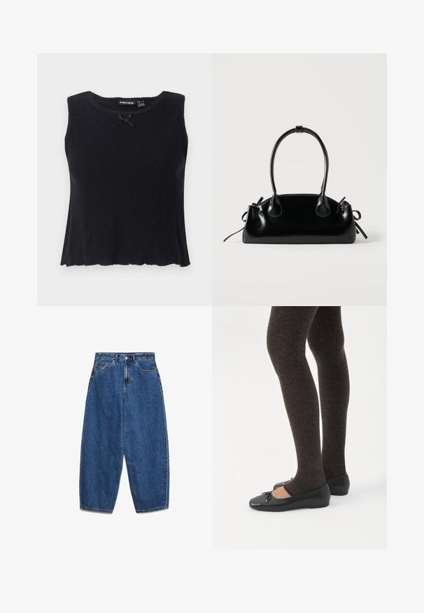 Top de tirantes negro de canalé con escote redondeado, diseño sin mangas y un pequeño lazo negro en la parte delantera. Dobladillo acampanado y material texturizado.; Vaqueros de mezclilla azul con cintura alta, corte relajado y pierna recta. Diseño clásico de cinco bolsillos con cierre de cremallera y botón.; Piernas con leggings oscuros acanalados combinados con bailarinas negras que presentan pequeños detalles de lazo sobre un fondo blanco.; Pequeño bolso negro brillante con dos asas largas y detalles de cordón lateral sobre un fondo claro liso.