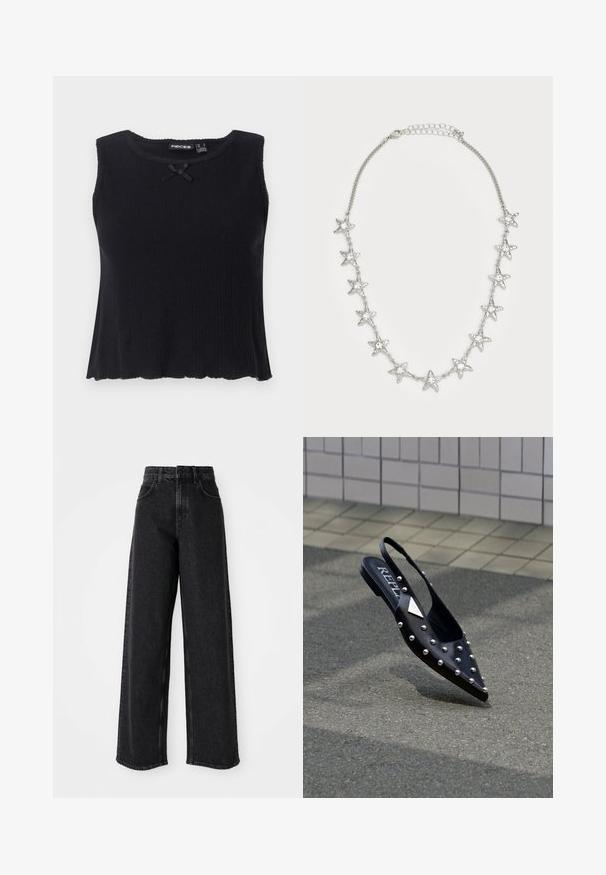 Débardeur noir à côtes avec uncol rond, sans manches et un petit nœud noir accent à l'avant. Ourlet évasé et matériau texturé.; Jean en denim noir à taille haute et jambes larges, avec un design classique à cinq poches et des détails de couture subtils.; Chaussure slingback noire pointue en matériau lisse, ornée de clous argentés, avec une semelle plate et un logo sur la semelle intérieure.; Collier en chaîne argentée avec onze pendentifs en forme d'étoile, chacun avec une pierre précieuse centrale transparente, et un fermoir à réglage.
