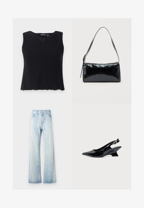 Top de tirantes negro de canalé con escote redondeado, diseño sin mangas y un pequeño lazo negro en la parte delantera. Dobladillo acampanado y material texturizado.; Jeans acampanados de mezclilla azul claro con cintura alta, bolsillos frontales y cierre de botón. Acabado descolorido con textura suave y bordes dobladillados.; Zapato slingback de cuero charol negro con puntera puntiaguda y tacón bajo en bloque inclinado sobre fondo claro liso.; Bolso de hombro rectangular negro con una correa ajustable y un cierre de cremallera superior sobre un fondo liso.