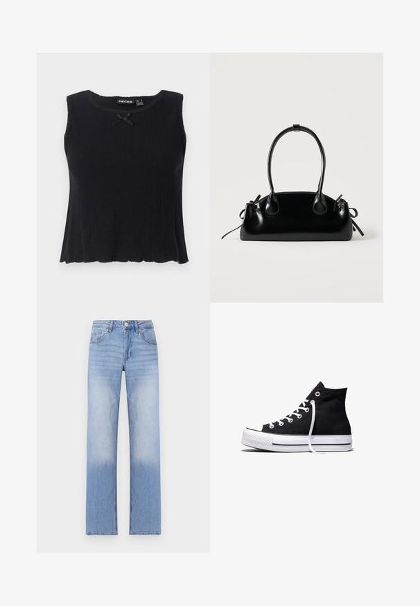 Schwarzes, geripptes Trägershirt mit rundem Ausschnitt, ärmellosem Design und einem kleinen schwarzen Schleifenakzent vorne. Ausgestellter Saum und strukturiertes Material.; Hellblaue Denim-Jeans mit geradem Bein, ausgestattet mit einer ausgeblichenen Waschung im unteren Bereich und klassischem Fünf-Taschen-Design.; Schwarzer High-Top-Canvas-Sneaker mit weißer Gummisohle und weißen Schnürsenkeln, seitlich dargestellt vor weißem Hintergrund.; Kleine schwarze glänzende Handtasche mit zwei langen Griffen und seitlichen Kordelzug-Details vor einfachem hellem Hintergrund.
