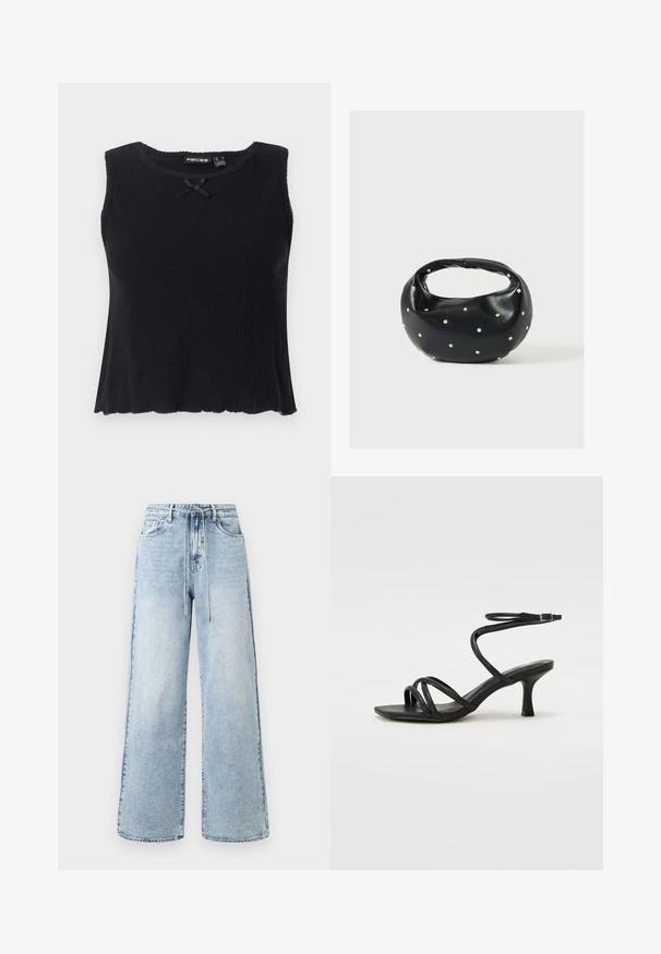 Schwarzes, geripptes Trägershirt mit rundem Ausschnitt, ärmellosem Design und einem kleinen schwarzen Schleifenakzent vorne. Ausgestellter Saum und strukturiertes Material.; Hellblaue, weit geschnittene Jeans aus Denim mit hoher Taille, Kordelzugverschluss und fünf Taschen, mit minimaler Ausbleichung.; Even&Odd Wide Fit by Zalando Riemensandalette - black; Schwarze Lederhandtasche mit abgerundeter Form, verziert mit silbernen Nietenakzenten und kurzem Griff. Glatte Struktur und Reißverschlussverschluss.
