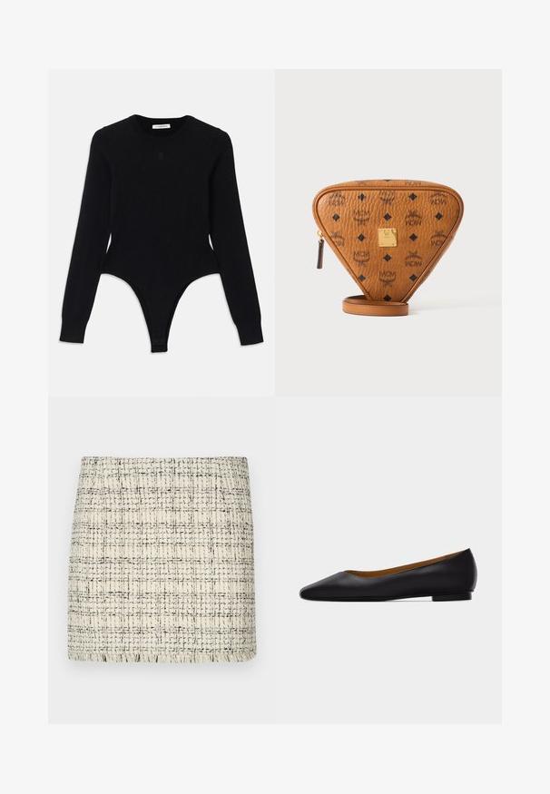 Bodysuit noir à manches longues avec un col rond, design ajusté et fond style thong. Fabriqué en tissu doux et élastique pour plus de confort.; Jupe mini en tweed crème et noir, présentant un motif texturé avec une coupe droite et un ourlet frangé pour plus de détail.; Chaussure plate en cuir noir à bout pointu avec talon bas et finition lisse, vue de côté sur un fond gris clair.; Sac bandoulière triangulaire en cuir marron avec logos MCM noirs, plaque de marque en métal doré et tirette de fermeture éclair sur fond blanc.