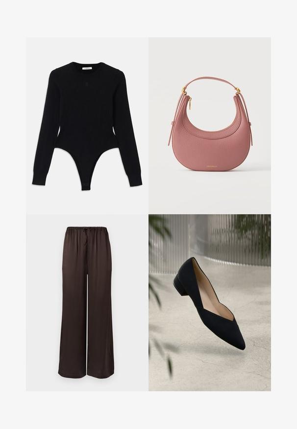 Sort langærmet bodysuit med rund halsudskæring, tætsiddende design og thong-lignende bund. Fremstillet af blødt, elastisk stof for komfort.; Sorte, vidde bukser lavet af glat stof med elastik i taljen og snøre. Har et løst, flydende design.; Sort flad sko med spids tå, glat tekstur, lav hæl og minimalistisk design. Indvendigt har den en lys farve.; Lyserød tekstureret læderhalvmåne håndtaske med kort håndtag, gyldent lynlås og lille gyldent logo centreret nær bunden.