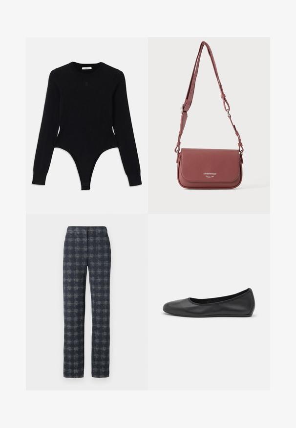 Bodysuit noir à manches longues avec un col rond, design ajusté et fond style thong. Fabriqué en tissu doux et élastique pour plus de confort.; Pantalons à carreaux navy en tissu texturé, avec une coupe droite et une fermeture à bouton à la taille. Accents subtils en gris clair.; Ballerines en cuir noir avec un bout rond, texture lisse, détails de couture minimalistes et design de semelle flexible.; Petit sac bandoulière en cuir mauve texturé avec sangle ajustable et fermeture à rabat présentant un logo de marque argenté embossé.