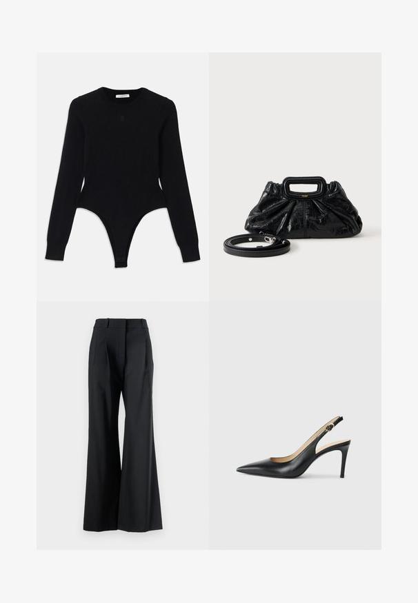 Zwarte lange mouwen body met een ronde halslijn, fitted ontwerp en een thong-stijl onderkant. Gemaakt van zachte, elastische stof voor comfort.; Veronica Beard OLLIE PANT - Broek - black; Zwarte leren slingback-hakken met een spitse neus, verstelbare band en een elegante stiletto-hak, met een gladde afwerking.; Kleine zwarte leren handtas met geplooide textuur, rechthoekige handgreep en afneembare dunne schouderriem ernaast geplaatst.