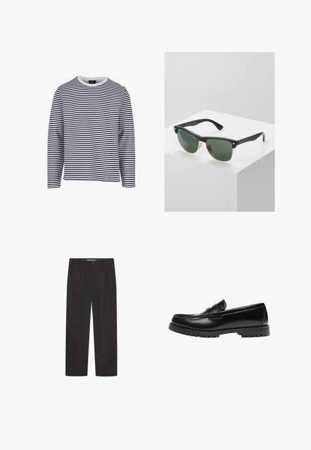 Langarmshirt mit navyblauen und weißen horizontalen Streifen, rundem Ausschnitt, aus Baumwollmaterial und mit lockerer Passform.; Schwarze Hosen aus glattem Stoff mit geradem Bein, einem Bund mit Knopfverschluss und ohne sichtbare Muster oder Akzente.; Schwarzer Leder-Slipper mit dicker Gummisohle und klassischem Penny-Detail an der Riemen, von der Außenseite gezeigt.; Ray-Ban Sonnenbrillen mit grünen Gläsern, schwarzen Kunststoffrahmen und goldenen Akzenten an den Rändern. Quadratische Form mit matter Oberfläche.