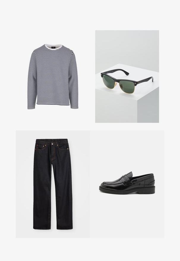 Langarmshirt met marineblauwe en witte horizontale strepen, ronde halslijn, katoenen materiaal en een relaxte pasvorm.; Heren straight-leg zwarte denim jeans met vijf zakken en oranje stiksels, knoop- en ritssluiting op de voorkant van de tailleband.; Zwarte leren instappers met een gladde afwerking, ronde neus, lage hak en decoratieve stiksels aan de voorkant. Rubberen buitenzool voor grip.; Ray-Ban zonnebrillen met groene lenzen, zwarte plastic monturen en gouden accenten aan de randen. Vierkante vorm met een matte afwerking.