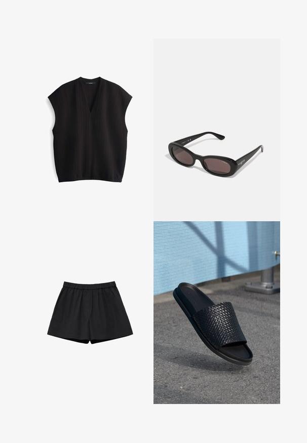 Zwarte mouwloze top met een V-hals, van textuurstof en een losse pasvorm. Heeft een relaxed silhouet en een licht afgeronde zoom.; Zwarte short met elastische tailleband, losse pasvorm en gladde stof, plat neergelegd op een witte achtergrond.; Zwarte schuif sandaal met een geweven structuur op de bovenkant, een gladde zool, een plat ontwerp en een minimalistische stijl geschikt voor casual gebruik.; Zwarte zonnebril met ovale monturen, donker getinte glazen en "vogue" in het wit gedrukt op de buitenste armen. Glad plastic materiaal.