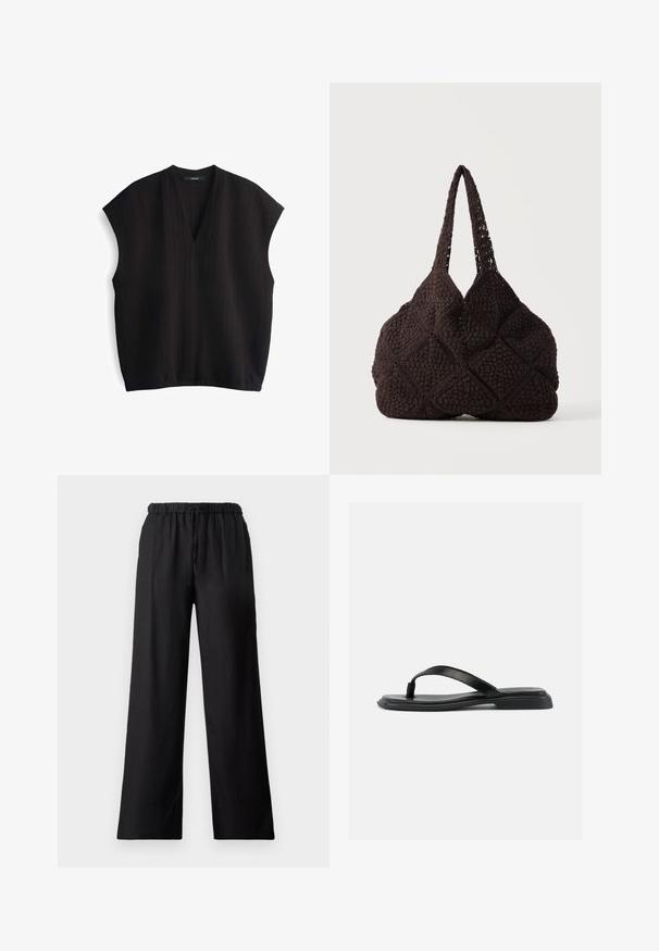 Zwarte mouwloze top met een V-hals, van textuurstof en een losse pasvorm. Heeft een relaxed silhouet en een licht afgeronde zoom.; Zwarte wijde pantalons gemaakt van lichtgewicht stof, met een elastische tailleband en een trekkoord, en een soepele textuur.; Zwarte platte teenslipper met gestructureerde band en licht verhoogde hak, weergegeven in zijprofiel tegen een effen lichte achtergrond.; Zwarte gehaakte tote tas met getextureerde vierkante patronen en twee schouderriemen, staand tegen een effen achtergrond.