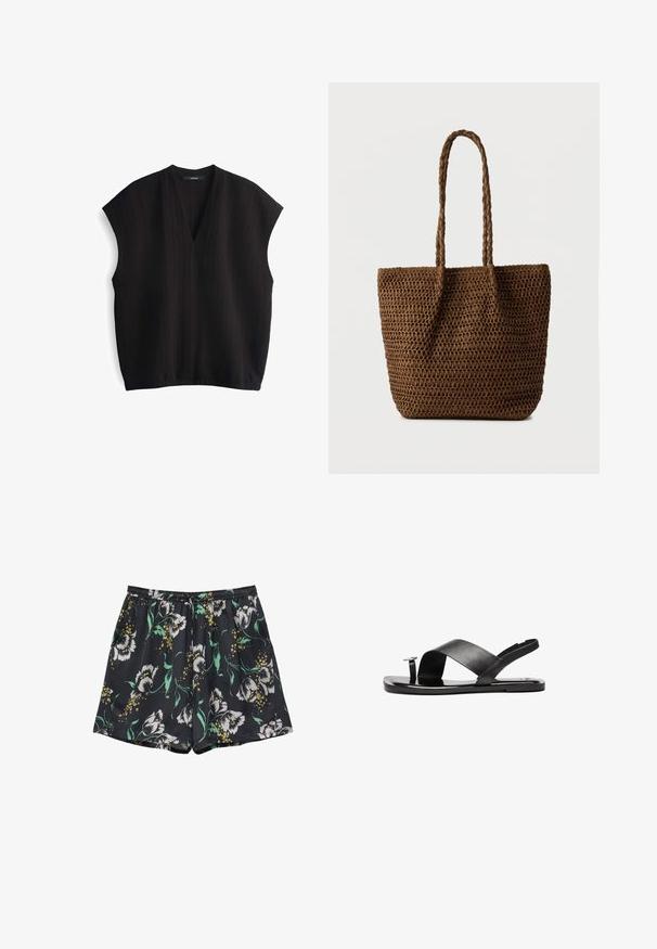 Zwarte mouwloze top met een V-hals, van textuurstof en een losse pasvorm. Heeft een relaxed silhouet en een licht afgeronde zoom.; Zwarte shorts met wit en geel bloemenprint en groene bladeren, met een elastische tailleband met trekkoord.; Zwarte leren sandaal met een breed kruisriemontwerp, platte zool en een ronde accent op de teenpost. Gladde textuur, minimalistische stijl.; Bruine geweven draagtas met twee gevlochten handvatten, rechthoekig lichaam en open bovenkant, afgebeeld tegen een effen lichte achtergrond.