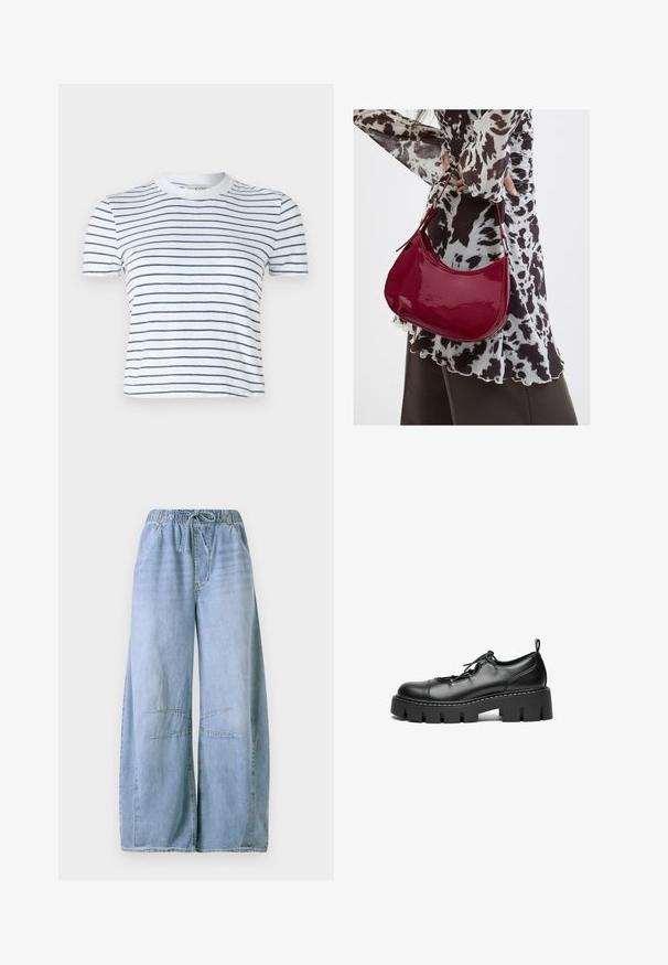 T-shirt blanc à manches courtes avec des rayures horizontales bleu marine, col rond, design court et en coton doux.; Pantalons large en denim bleu clair avec une taille élastique et un cordon de serrage, incluant des poches avant et des coutures croisées au niveau des genoux.; Chaussures en cuir noir à lacets avec un bout rond, semelle plateforme épaisse et couture décorative le long du bord.; Femme portant un chemisier à motif noir et blanc tenant un sac à main rouge brillant sur un fond uni.