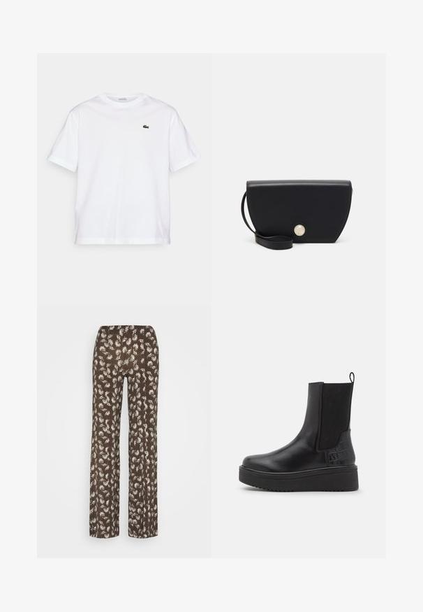 Camiseta de algodón blanca con cuello redondo y mangas cortas. Presenta un logotipo bordado en verde en el pecho. Tejido suave, corte relajado.; Samsøe Samsøe ROSIE TROUSERS - Pantalones deportivos - brown; Botas de tobillo de cuero negro con paneles laterales elásticos, acentos de patrón de cocodrilo texturizado, suela de plataforma gruesa y tirador.; Bolso de mano de cuero negro con forma curvada, que cuenta con un cierre en forma de botón estilo perla y una correa desmontable. Textura suave, diseño minimalista.