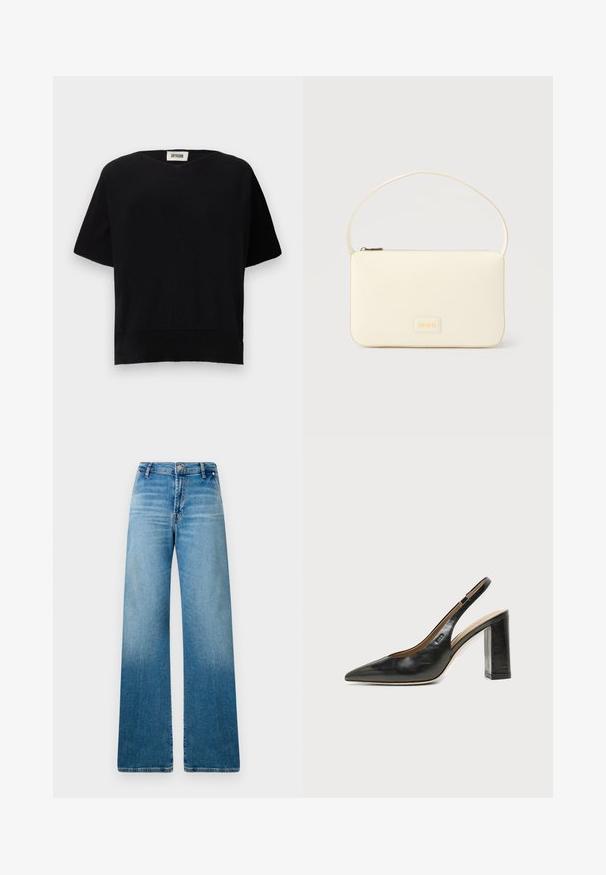 DRYKORN SOMELI - T-shirt basique - black; Jean large en denim bleu clair, avec un design classique à cinq poches et une texture en dégradé subtil allant du bleu plus foncé au bleu plus clair.; Chaussure slingback en cuir noir à bout pointu avec un talon bloc haut et une doublure intérieure beige sur un fond clair uni.; Sac à main rectangulaire de couleur crème avec une seule sangle et une fermeture éclair sur le dessus, comportant une petite plaque de logo embossé à l'avant.