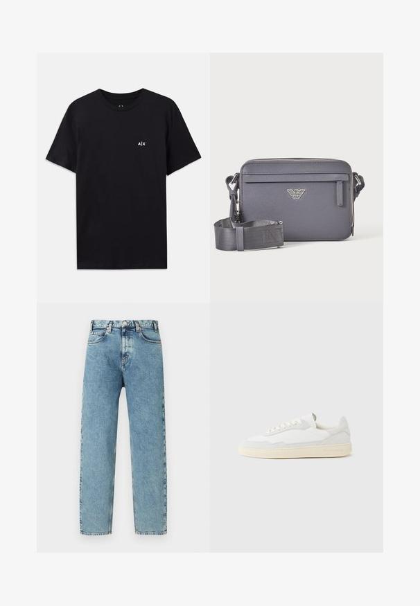 Schwarzes Baumwoll-T-Shirt mit kurzen Ärmeln und Rundhalsausschnitt, versehen mit einem kleinen weißen "A|X"-Logo auf der linken Brustseite. Glatte Textur.; Hellblaue Denim-Jeans mit geradem Bein Schnitt, fünf Taschen und Messing-Knopfverschluss. Der Stoff hat eine leicht strukturierte, verblasste Optik.; Weißer Sneaker mit strukturiertem Obermaterial aus Wildleder und Leder. Verfügt über eine runde Zehenpartie, Schnürverschluss und eine kontrastierende beige Gummisohle.; Dunkelgraue rechteckige Umhängetasche mit verstellbarem Riemen, vorderer Reißverschlusstasche und silbernem Logo-Emblem.
