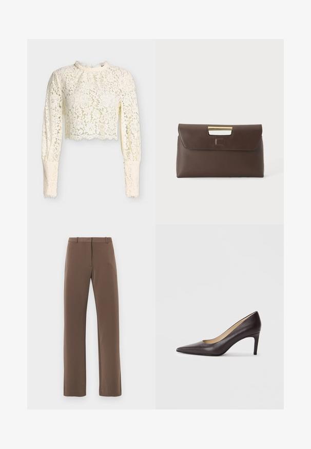 Haut court en dentelle crème à manches longues avec motif floral, col montant et poignets boutonnés sur un fond uni.; Pantalon marron à jambes droites avec une texture lisse, doté d'une ceinture avec passants et de deux poches latérales. Design classique, sans motifs.; Chaussure à talon haut en cuir marron à bout pointu avec un talon fin de 7 cm, texture lisse et design minimaliste. Pas d'ornements visibles.; Pochette rectangulaire marron foncé avec une petite poignée en métal doré et une fermeture à rabat pliant sur un fond clair uni.