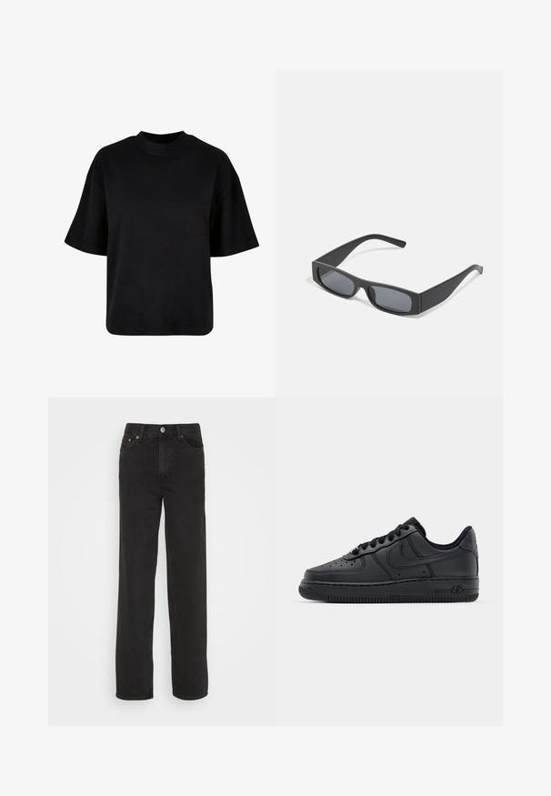 Schwarzes Baumwoll-T-Shirt mit hohem Kragen, kurzen Ärmeln und einem lockeren, kastigen Schnitt ohne sichtbare Muster oder Akzente.; Schwarze Jeans im Straight-Leg-Stil mit fünf Taschen, Knopfverschluss vorn und Gürtelschlaufen, vor einem weißen Hintergrund präsentiert.; Schwarze Ledersneaker mit durchlöchertem Zehenbereich, flachen Schnürsenkeln und Gummisohle. Verfügt über ein kleines Logo an der Seite und eine strukturierte Oberfläche.; Schwarze rechteckige Sonnenbrillen mit dunklen Gläsern und dicken matten Rahmen. Die Bügel sind leicht verjüngt und haben eine glatte Oberfläche.