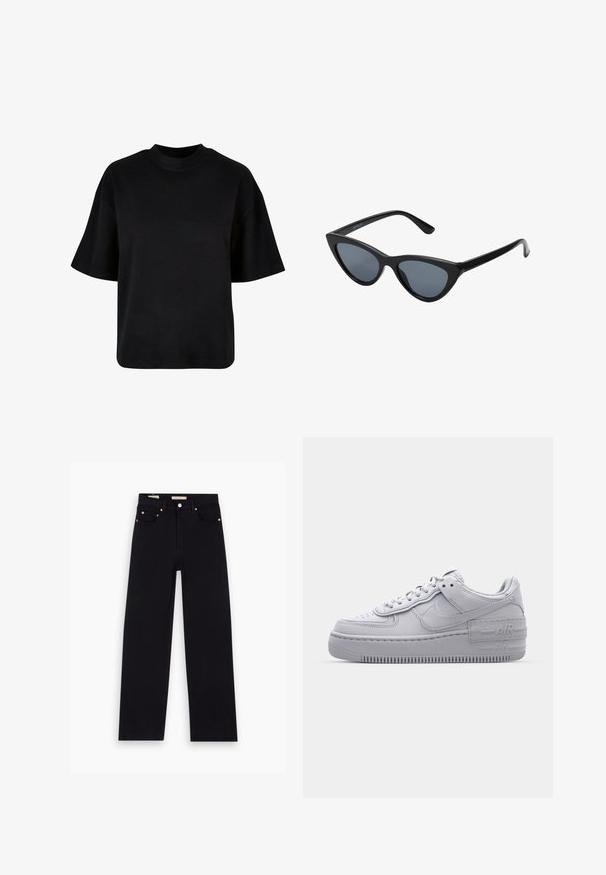 Sort bomulds t-shirt med høj hals, korte ærmer og en løs, boxy pasform uden synlige mønstre eller accenter.; Sorte denim jeans med lige pasform, fem lommer, kobberdetaljer og en glat tekstur. To mærker synlige på taljebåndet.; Grå Nike Air Force 1 sneakers med perforeret tå, glat læderoverdel, tyk sål og præget 'AIR' detalje på hælen.; Sorte katteøje solbriller med mørkegrå linser, slankt plastisk stel, spidse hjørner og lige stænger. Ingen synlig hardware eller dekorationer.