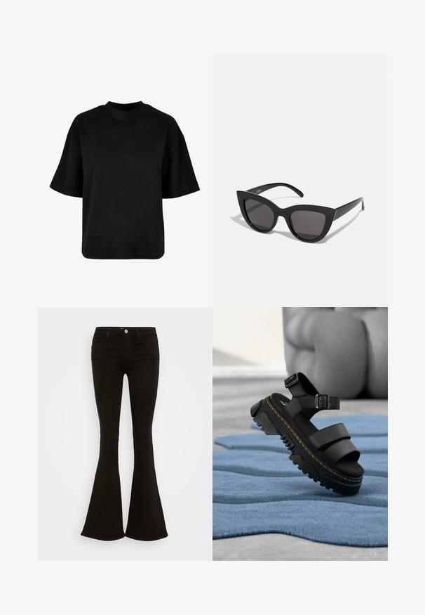 Sort bomulds t-shirt med høj hals, korte ærmer og en løs, boxy pasform uden synlige mønstre eller accenter.; Sorte højtaljede flare jeans med frontknap, bæltestropper og fem lommer, præsenteret på en hvid baggrund.; Sort platformsandal med tyk sål, justerbar ankelrem og gul syning, hvilende på blå tekstureret stof.; Sorte cat-eye solbriller med mat finish, der har grå tonede linser, skarpe vinkler og slanke sidearme. Mærkenavnet er synligt på den indre arm.