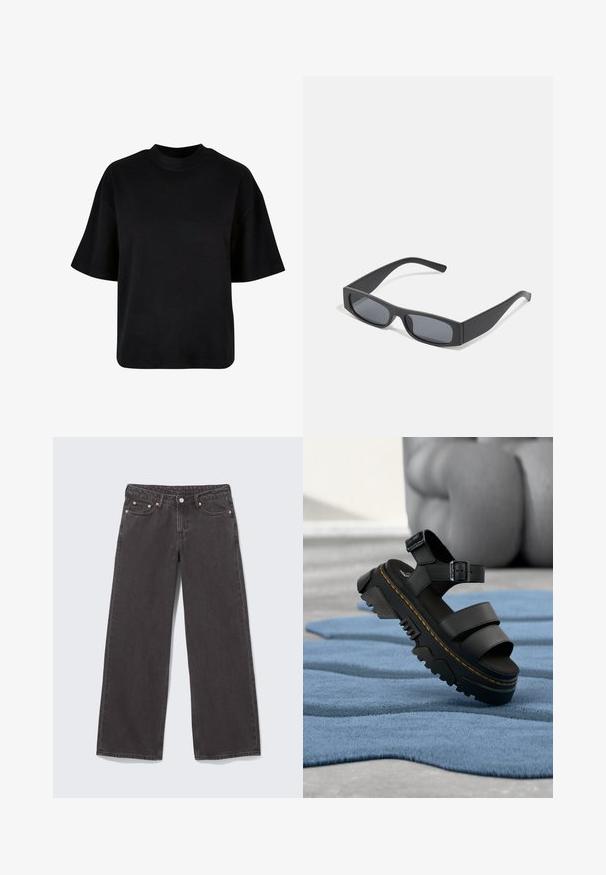 Sort bomulds t-shirt med høj hals, korte ærmer og en løs, boxy pasform uden synlige mønstre eller accenter.; Vidbenede sorte denimjeans med kobbernitter, fem lommer og knaplukning. Blød, robust tekstur med lige snit fra talje til kant.; Sort platformsandal med tyk sål, justerbar ankelrem og gul syning, hvilende på blå tekstureret stof.; Sorte rektangulære solbriller med mørke linser og tykke matte stel. Armen er let tilspidset med en glat overflade.
