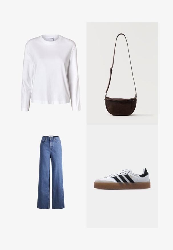 Camisa blanca lisa de mujer con mangas largas, cuello redondo, bajo recto y sin patrones ni logos visibles.; Jeans de mezclilla de tiro alto, de pierna ancha, en azul claro, con dos bolsillos delanteros y costuras visibles. Cuentan con un cierre de botón y cremallera.; Zapatillas de cuero blancas con rayas negras, suela de goma, puntera redonda, cierre de cordones y caperuza de ante gris suave.; Bolso bandolera de ante marrón oscuro con una correa ajustable y un bolsillo delantero con cremallera, colocado contra un fondo claro y liso.