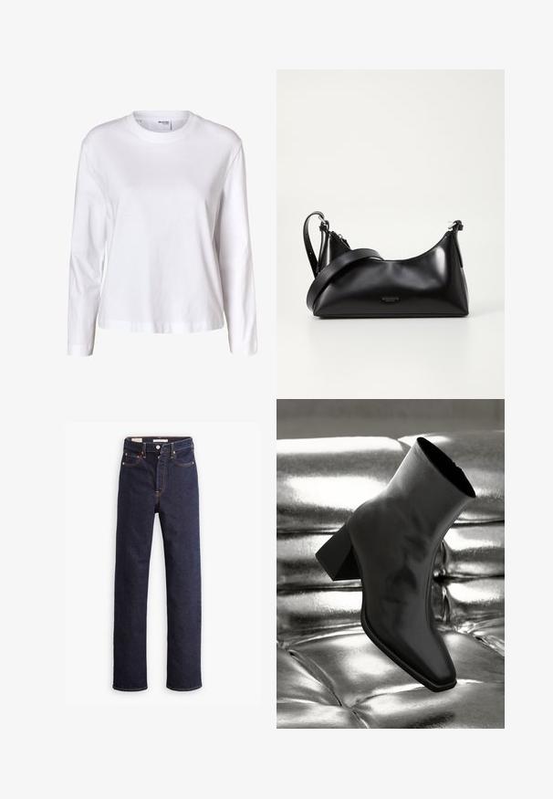 Camisa blanca lisa de mujer con mangas largas, cuello redondo, bajo recto y sin patrones ni logos visibles.; Jeans de mezclilla rectos de color azul oscuro con cinco bolsillos y costuras naranjas visibles sobre un fondo blanco.; Botín negro de tobillo hecho de material brillante, con punta cuadrada y tacón cónico, contra un fondo plateado brillante con almohadillado.; Bolso de mano de cuero negro con una textura suave. Cuenta con una correa ajustable y un diseño elegante y minimalista con cierre de cremallera.