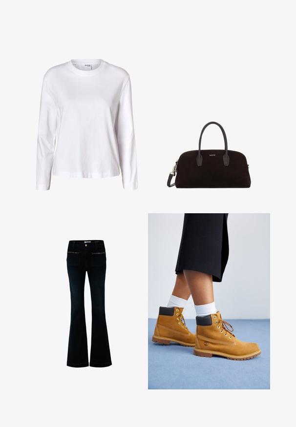 Camisa blanca lisa de mujer con mangas largas, cuello redondo, bajo recto y sin patrones ni logos visibles.; Pantalones vaqueros acampanados negros de cintura alta, con botón y cremallera en el frente, y dos bolsillos delanteros con cadenas decorativas.; Botines de ante color arena con detalles de cuero marrón, ojales dorados y una suela texturizada. Calcetines blancos visibles por encima de los botines.; Bolso de ante negro con ribete de cuero suave, doble asa redonda, correa desmontable y cierre metálico con cremallera. Logo estampado en la parte frontal.