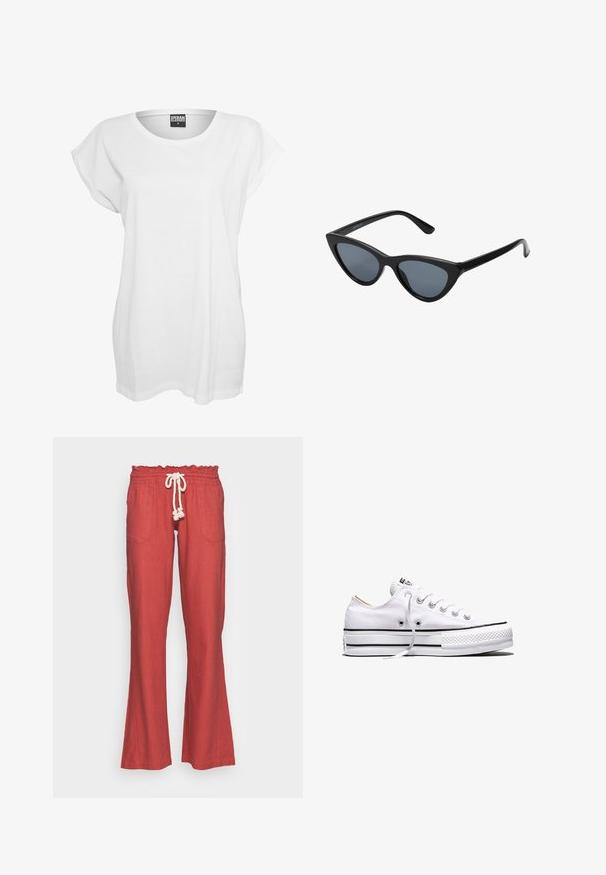 T-shirt blanc à manches courtes en coton, présentant une coupe décontractée, un large décolleté et un design minimaliste sans motifs ni accents.; Pantalons en lin rouges avec jambes évasées, comportant deux poches avant et une ceinture élastique avec un cordon blanc. Finition en tissu texturé.; Baskets basses en toile blanche avec lacets blancs, bandes noires sur la semelle et embout en caoutchouc texturé, vue de côté sur fond blanc.; Lunettes de soleil noires en forme d'œil de chat avec des verres gris foncé, monture en plastique élégante, coins pointus et branches droites. Pas de métal visible ni d'accents.