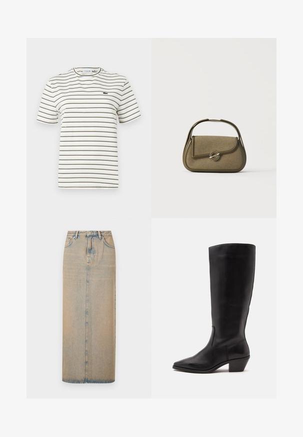 T-shirt rayé blanc avec de fines lignes vert olive. Il présente un col rond, des manches courtes et un petit logo Lacoste sur la poitrine.; Une longue jupe en denim bleu clair avec une coupe droite. Comprend cinq poches, des passants de ceinture et un multiplicateur de boutons à l'avant. Texture décolorée sur toute la surface.; Botte en cuir noire mi-mollet avec un bout pointu et un talon bas incliné sur un fond clair uni.; Petit sac à main vert olive avec des bords arrondis, une poignée supérieure et une fermeture à rabat sécurisée par un fermoir métallique circulaire.