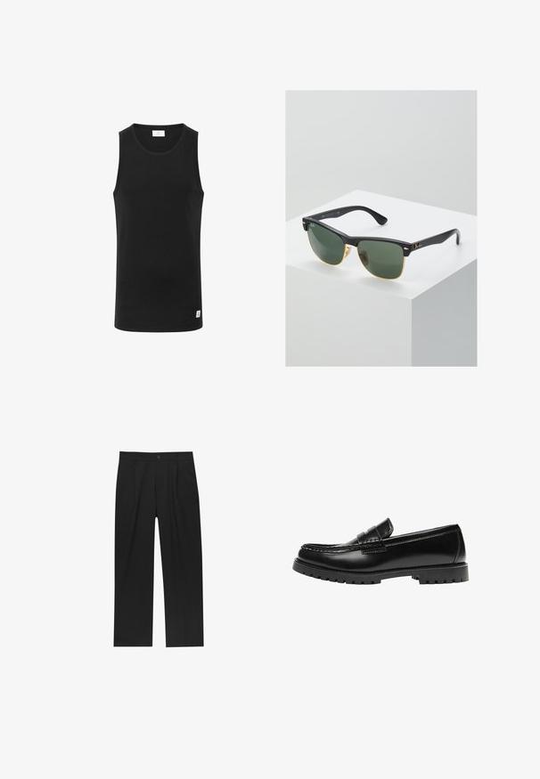 Schwarzes ärmelloses Tanktop aus geripptem Stoff, mit rundem Ausschnitt und einem kleinen Logolabel am Saum. Einfaches, figurbetontes Design.; Schwarze Hose mit geradem Schnitt, aus einem glatten Stoff gefertigt. Verfügt über Vorderfalten und einen einzelnen Knopfverschluss an der Taille.; Schwarzer Leder-Slipper mit dicker Gummisohle und klassischem Penny-Detail an der Riemen, von der Außenseite gezeigt.; Ray-Ban Sonnenbrillen mit grünen Gläsern, schwarzen Kunststoffrahmen und goldenen Akzenten an den Rändern. Quadratische Form mit matter Oberfläche.