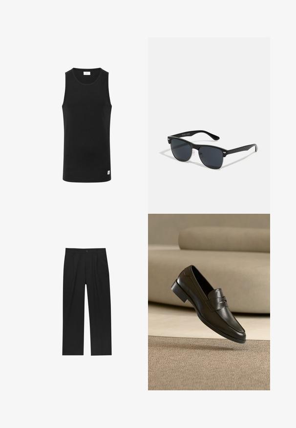 Débardeur noir sans manches en tissu côtelé, avec un col rond et une petite étiquette logo à l'ourlet. Design simple et ajusté.; Pantalons noirs au design droit, fabriqués à partir d'un tissu lisse. Dotés de plis sur le devant et d'une fermeture à un bouton à la taille.; Mocassin en cuir noir flottant au-dessus d'un tapis beige avec un canapé beige en arrière-plan, mettant en valeur le design classique pour hommes sans lacets.; Lunettes de soleil noires de forme rectangulaire, verres foncés, accents argentés aux tempes et finition mate sur la monture.
