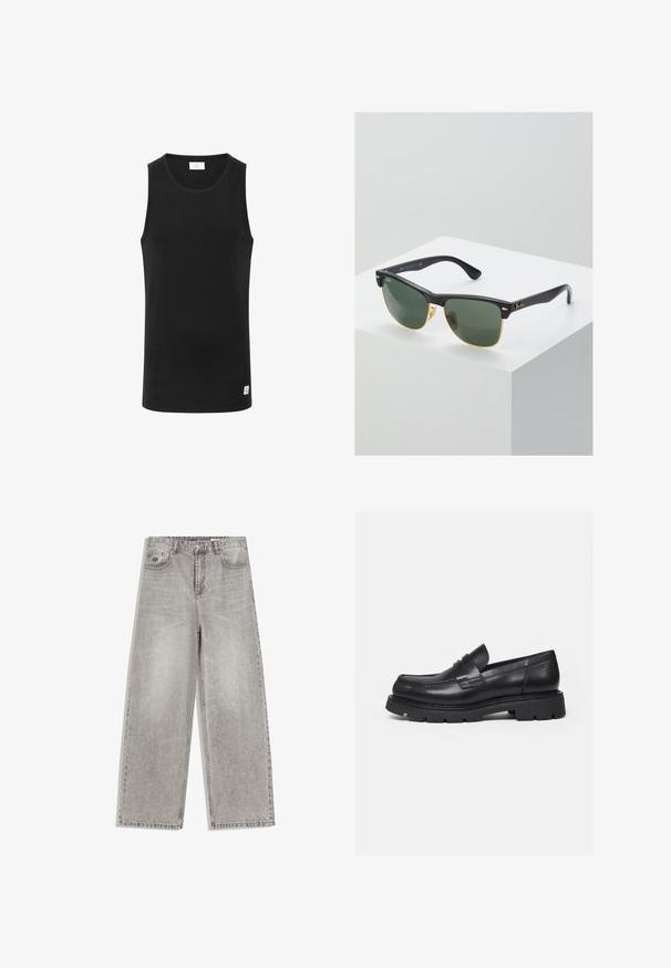 Schwarzes ärmelloses Tanktop aus geripptem Stoff, mit rundem Ausschnitt und einem kleinen Logolabel am Saum. Einfaches, figurbetontes Design.; Graue Jeans mit weitem Bein und hoher Taille, vorn mit Knopfleiste, Gürtelschlaufen und zwei Vorderentaschen vor weißem Hintergrund.; Schwarzer Lederloafer mit dicker, profilierter Sohle und Pennyriemen-Detail, von der rechten Seitenansicht auf weißem Hintergrund gezeigt.; Ray-Ban Sonnenbrillen mit grünen Gläsern, schwarzen Kunststoffrahmen und goldenen Akzenten an den Rändern. Quadratische Form mit matter Oberfläche.