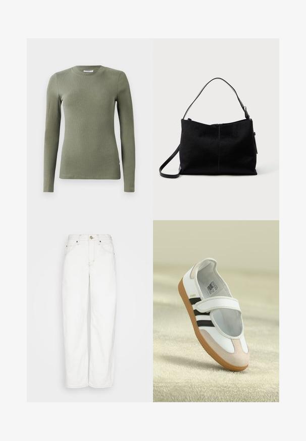 Top de manga larga acanalado en verde oliva, con escote redondo y forma ajustada. Textura suave con acentos en las costuras laterales.; BDG Urban Outfitters LOGAN CINCH - Vaqueros rectos - white; Zapato blanco con puntera de ante rosa, rayas negras y una correa de Velcro. Cuenta con una suela de goma color tostado y un logo en el lateral.; Bolso negro de hombro con una superficie lisa y texturizada, con una única correa y un cierre de cremallera en la parte superior. Forma rectangular compacta.