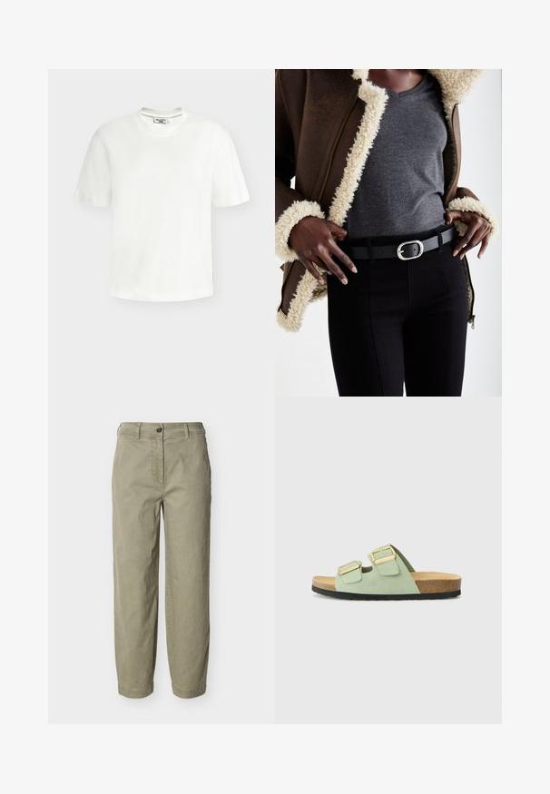 T-shirt blanc en coton à manches courtes, col rond, avec une petite étiquette de marque au niveau de l'encolure et de la couture latérale.; Pantalon droit couleur kaki clair avec passants pour ceinture, fermeture par bouton et braguette zippée, présenté sur un fond uni.; Sandales glissantes en suede vert avec deux boucles dorées réglables, semelle en liège et semelle en caoutchouc noir. Design simple avec un profil plat.; Veste en peau de mouton brun avec doublure, shirt gris à col en V, ceinture noire avec boucle ovale en argent, jean noir près du corps, matériaux texturés et design superposé.