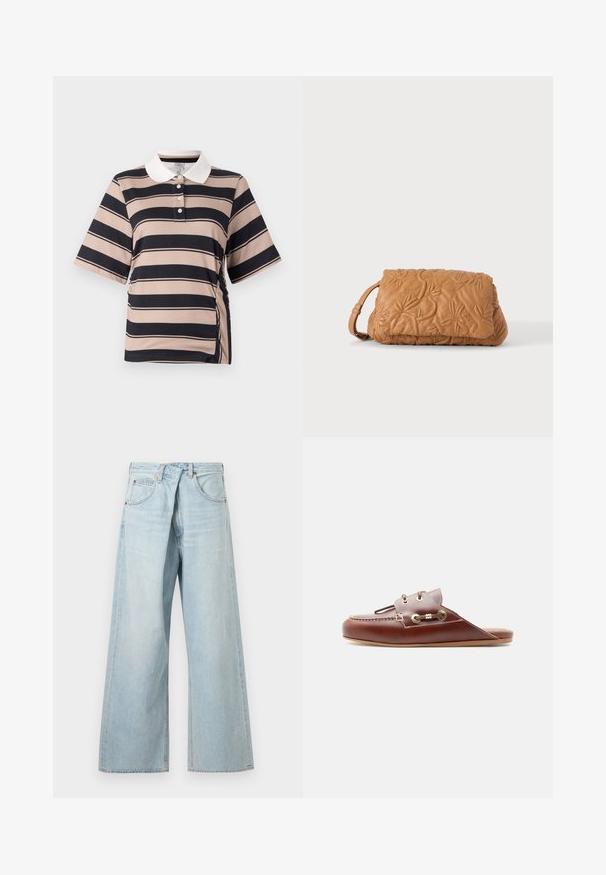 Lühikeste varrukatega polo shirt heledas beežis, tumeda meresinise triibuga, valge krae, kolme nupuga tõmblukk ja kokku kogutud külje detail.; Hele sinised laia säärega teksapüksid, millel on vööaasad ja ees taskud, esiküljel tavalise taustaga.; Pruun nahast libistatav loafer moc toe õmbluste, kuldsete silmade ja kaunistava paeladetailiga küljel, tasapinnaline tald, külgvaade.; Beežis värvi tikanditega nahast kott väikese randmerihmaga, valgel taustal.