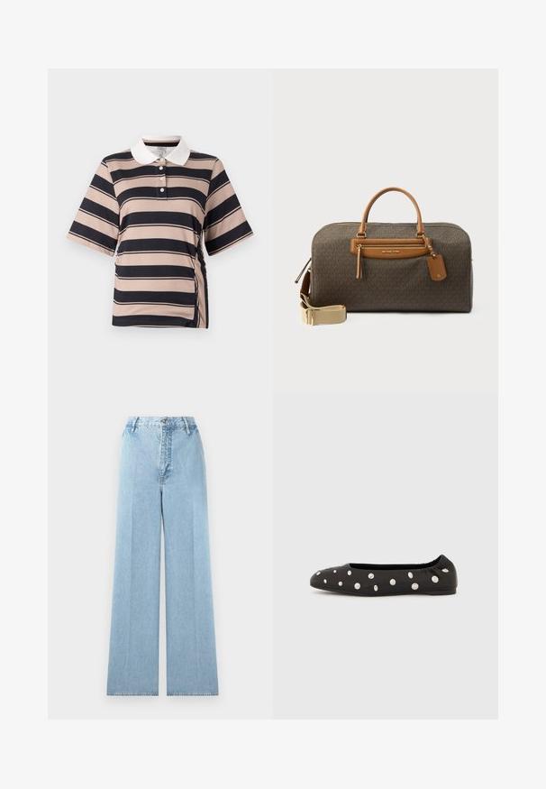 Lühikeste varrukatega polo shirt heledas beežis, tumeda meresinise triibuga, valge krae, kolme nupuga tõmblukk ja kokku kogutud külje detail.; Heledad helesinine teksapüksid, kõrge vöökohaga, millel on viis vööaasat, esine nööp kinnitusega ja õmblustõmblused.; Mustad baleriinakinga elastse tagumise osaga ja ülemisel küljel hajutatud suurte hõbedaste ümmarguste naeltega, esitatud profiililt valgel taustal.; Pruun Michael Korsi reisikott tan-nahast käepidemete, esiküljel tõmblukuga tasku ja reguleeritava beeži õlarihmaga valgel taustal.