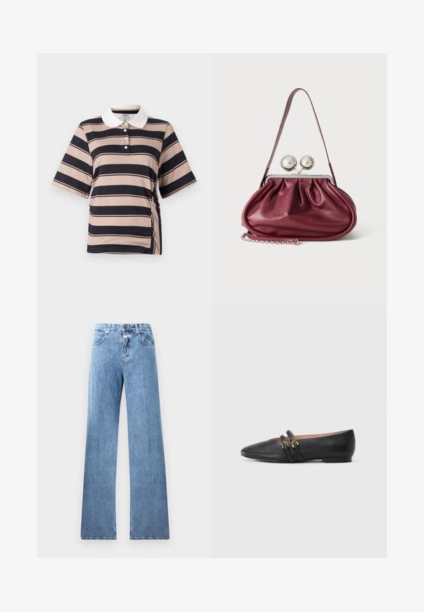 Lühikeste varrukatega polo shirt heledas beežis, tumeda meresinise triibuga, valge krae, kolme nupuga tõmblukk ja kokku kogutud külje detail.; Heledad denim-jedid, millel on lai jalg, viis taskut, vööloopid ning nupuga sulgemine. Kangas on sileda tekstuuriga.; Mustad nahast madalad kingad terava varbaosaga, millel on kaks musta rihma kuldse riistvarakaunistusega. Sile tekstuur ja madal konts.; Väike burgundia nahast käekott kortsudetailidega, õhukese rihmaga ja kahe suure ringikujulise nööbiga hõbedane kinnitus.