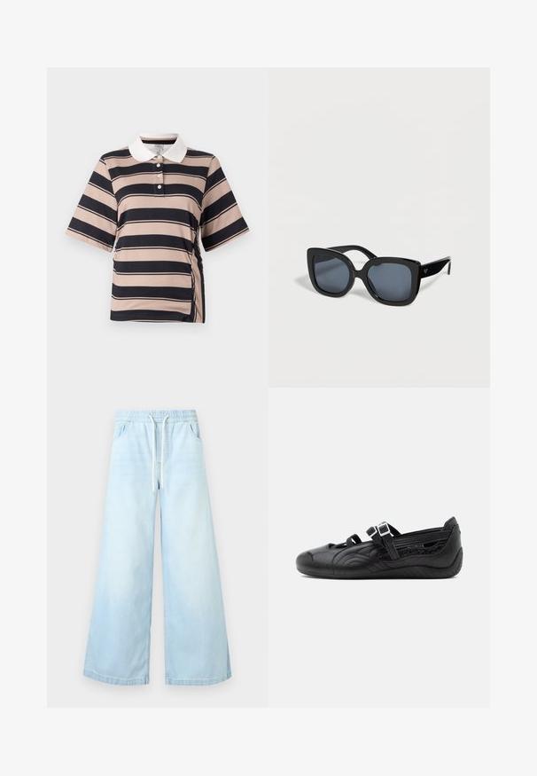 Lühikeste varrukatega polo shirt heledas beežis, tumeda meresinise triibuga, valge krae, kolme nupuga tõmblukk ja kokku kogutud külje detail.; Helesinised laia säärega teksapüksid, elastse vöökohaga ja valge nööriga, ees taskud ning mugav lõige.; Mustad tasased Mary Jane kingad tekstuuriga mustriga, kahe reguleeritava pandlaga ja madala profiiliga tald ühevärvilisel taustal.; Mustad üle suurendatud ruudukujulised päikeseprillid tumedate toonitud läätsedega ja õhukeste sangadega heledal taustal.