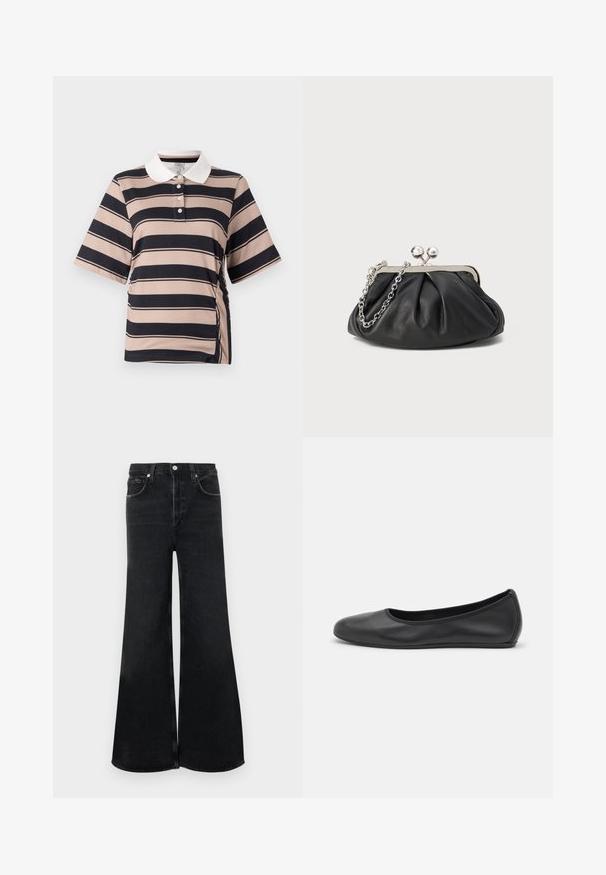 Lühikeste varrukatega polo shirt heledas beežis, tumeda meresinise triibuga, valge krae, kolme nupuga tõmblukk ja kokku kogutud külje detail.; Mustad laia säärega teksad denimist, millel on kõrge vöökoht, klassikaline viie taskuga disain ja ees nupuga sulgur.; Musthave mustika tantsutossud mustast nahast, ümmarguse varbaga, siledast tekstuurist, minimaalse õmblusdetailiga ja paindliku tallakujundusega.; Musthave musta nahast käekott, millel on volditud tekstuur, hõbedane metallraam, lukustatud sulgemismehhanism ja kett. Sile ja pehme pind.