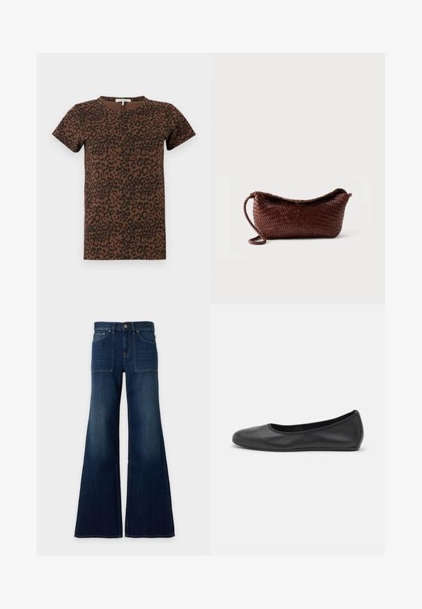 T-shirt marron avec un motif léopard noir, col rond, manches courtes, en tissu doux, présentant une coupe décontractée sans éléments métalliques visibles.; Jean en denim bleu foncé à taille haute, jambes larges, poches plaquées devant et fermeture par bouton à la taille.; Ballerines en cuir noir avec un bout rond, texture lisse, détails de couture minimalistes et design de semelle flexible.; Sac à main en cuir tressé marron avec une bandoulière unique et un dessus incurvé sur fond blanc uni.