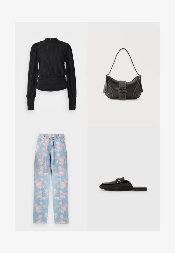 Zwarte geplooide blouse met een hoge halslijn, lange mouwen en een gathering in de taille. Gladde textuur met een subtiele glans en fitted manchetten.; Lichtblauwe denim jeans met een all-over roze en beige bloemmotief, hoge taille, rechte pijpen en een dunne bijpassende stoffen riem.; Zwarte instap schoen van soepel leer. Heeft een ronde neus, een decoratieve geweven band en een klein gouden accent. Platte zool.; Zwarte leren schoudertas met gespsluiting aan de riem, afgeronde hoeken en contrasterende witte stiksels op een effen achtergrond.