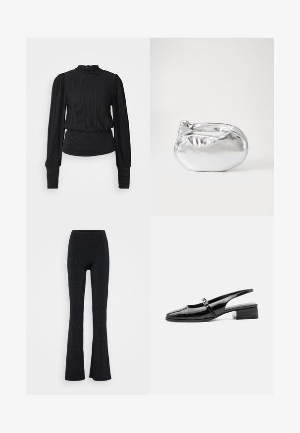 Blusa negra con pliegues, cuello alto, mangas largas y cintura fruncida. Textura suave con un sutil brillo y puños ajustados.; Pantalones acampanados negros con una cinturilla elástica, con puntos metálicos plateados dispersos. Hechos de una tela suave y lisa.; Zapato slingback de charol negro con tacón bajo y grueso y una fina correa con hebilla de plata en la parte superior.; Bolsa de pouch metálica plateada con una forma suave y redondeada y un cierre en la parte superior con un nudo. Hecha de un material de imitación de cuero suave.