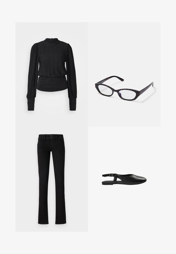Zwarte geplooide blouse met een hoge halslijn, lange mouwen en een gathering in de taille. Gladde textuur met een subtiele glans en fitted manchetten.; Zwarte slim-fit jeans met twee voorzakken, riemlussen en dubbele knoopsluiting, weergegeven op een effen witte achtergrond.; Zwart leren slingback platte schoen met afgeronde neus en gespband op een witte achtergrond.; Cat-eye zonnebril met een glanzend donker tortoise-shell plastic frame, uitgerust met gebogen armen en heldere lenzen. Minimale branding aan de zijkant.