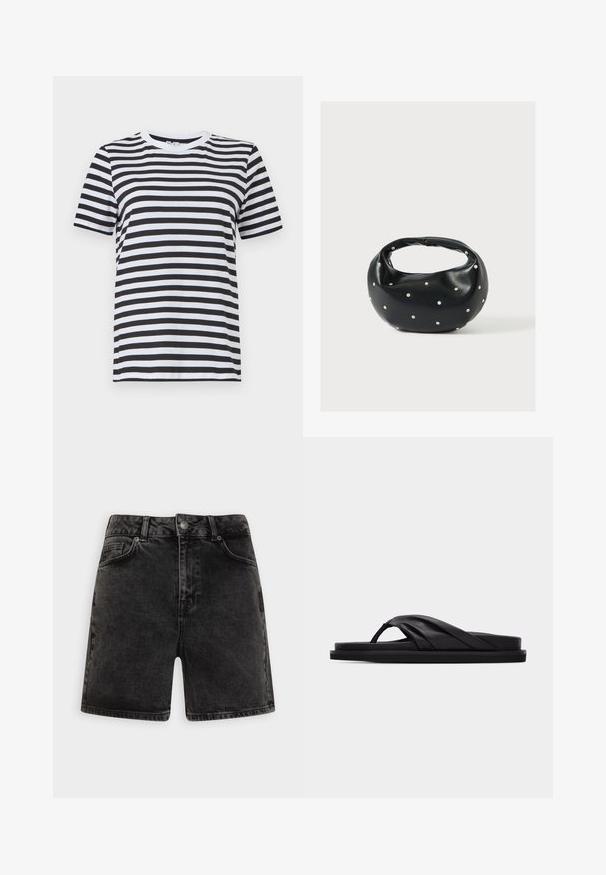 Mustvalge triibuline T-särk, valmistatud pehmest puuvillast, millel on ümara kaeluse ja lühikeste varrukatega ning ühtlaselt paigutatud horisontaalsed triibud.; Selected Denim High-waisted black - Lühikesed teksad - black denim; Mustad tasapõhjaline sandaal polstri ja ristkinnitusega ning varbavahe, minimalistlik disain helehallil taustal.; Mustast nahast ümmarguse kujuga käekott, kaunistatud hõbedaste naeladega, lühikese sangaga. Sile tekstuur ja tõmblukuga sulgemine.