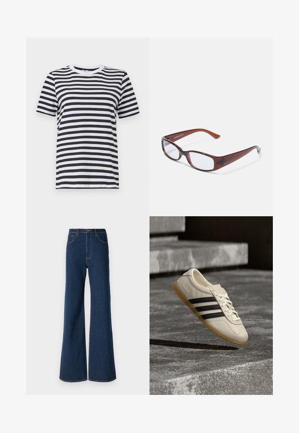 Schwarz-weiß gestreiftes T-Shirt aus weicher Baumwolle, mit Rundhalsausschnitt und kurzen Ärmeln, mit gleichmäßig verteilten horizontalen Streifen.; Abercrombie & Fitch Jeans Relaxed Fit - rinse; Weißer Sneaker mit schwarzen Streifen und Gummisohle schwebt über Betontreppen im sanften Tageslicht.; Braun getönte rechteckige Brille mit glänzender Oberfläche, schlanken Bügeln und transparenten Gläsern. Logo auf dem linken Bügel sichtbar.