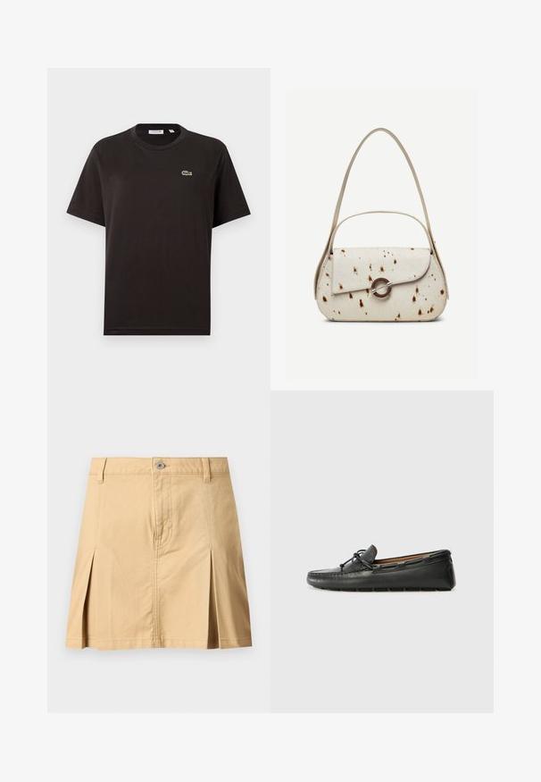 T-shirt en coton noir avec un col rond, des manches courtes, et un petit logo Lacoste vert sur le côté gauche de la poitrine. Texture douce, coupe décontractée.; Jupe beige longueur genou avec passants de ceinture, fermeture à boutons sur le devant, deux plis avant et coutures visibles sur fond uni.; Bateau en cuir noir avec un bout arrondi, des détails de couture, un petit accent en nœud et une semelle en caoutchouc. Texture lisse et design épuré.; Sac à main couleur crème avec des taches marron, rabat incurvé avec une fermeture métallique circulaire, doté de deux fines anses, dont une plus longue pour porter à l'épaule.