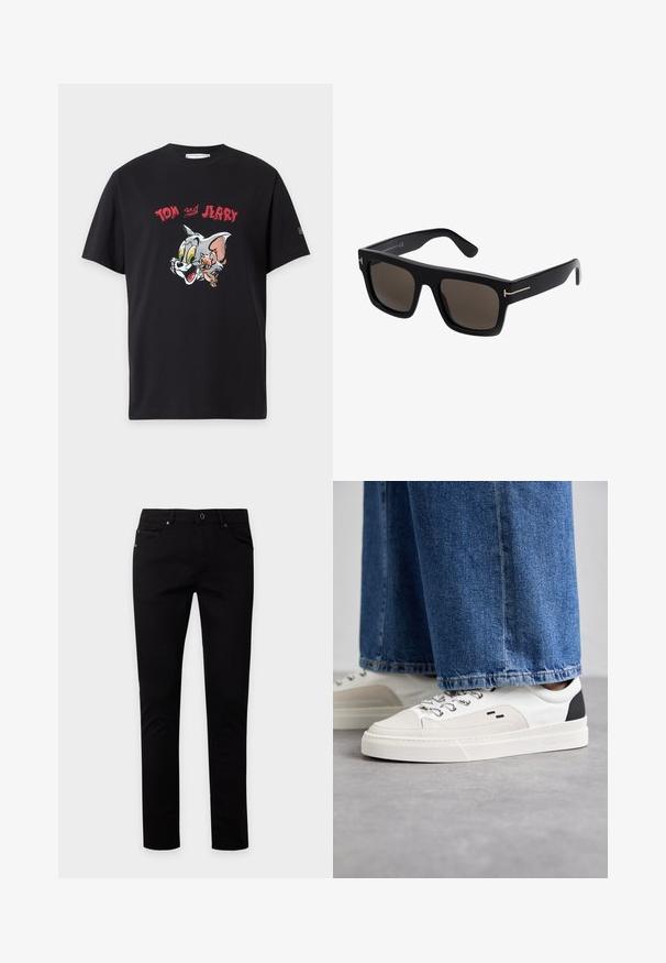 Svart T-skjorte med korte ermer med fargerike Tom og Jerry tegneserieansikter og rød tekst "Tom Jerry" over figurene.; Svarte slimfit jeans med knapp- og glidelåslukking, foran- og baklommer, vist på ensfarget lys bakgrunn.; Hvite og svarte joggesko med en glatt læroverdel, teksturerte detaljer og en kraftig hvit såle. Har en klassisk snøring.; Sorte firkantede solbriller med mørke linser, som har gullfargede detaljer på bøylene og en glatt plastoverflate.
