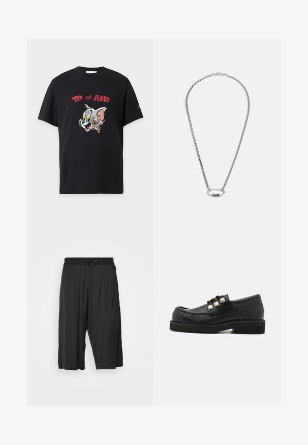 Black short-sleeve T-shirt with colorful Tom and Jerry cartoon faces and red text "Tom Jerry" above the characters.; Black cropped trousers with an elastic waistband and drawstring. Made from a smooth, lightweight fabric with side seams for a relaxed fit.; Black leather loafers with a rounded toe, featuring three metallic accents and a textured sole for grip. Smooth upper and stitched detail.; Silver chain necklace featuring a smooth oval clasp with a textured accent. The links are uniform and polished, creating a sleek appearance.
